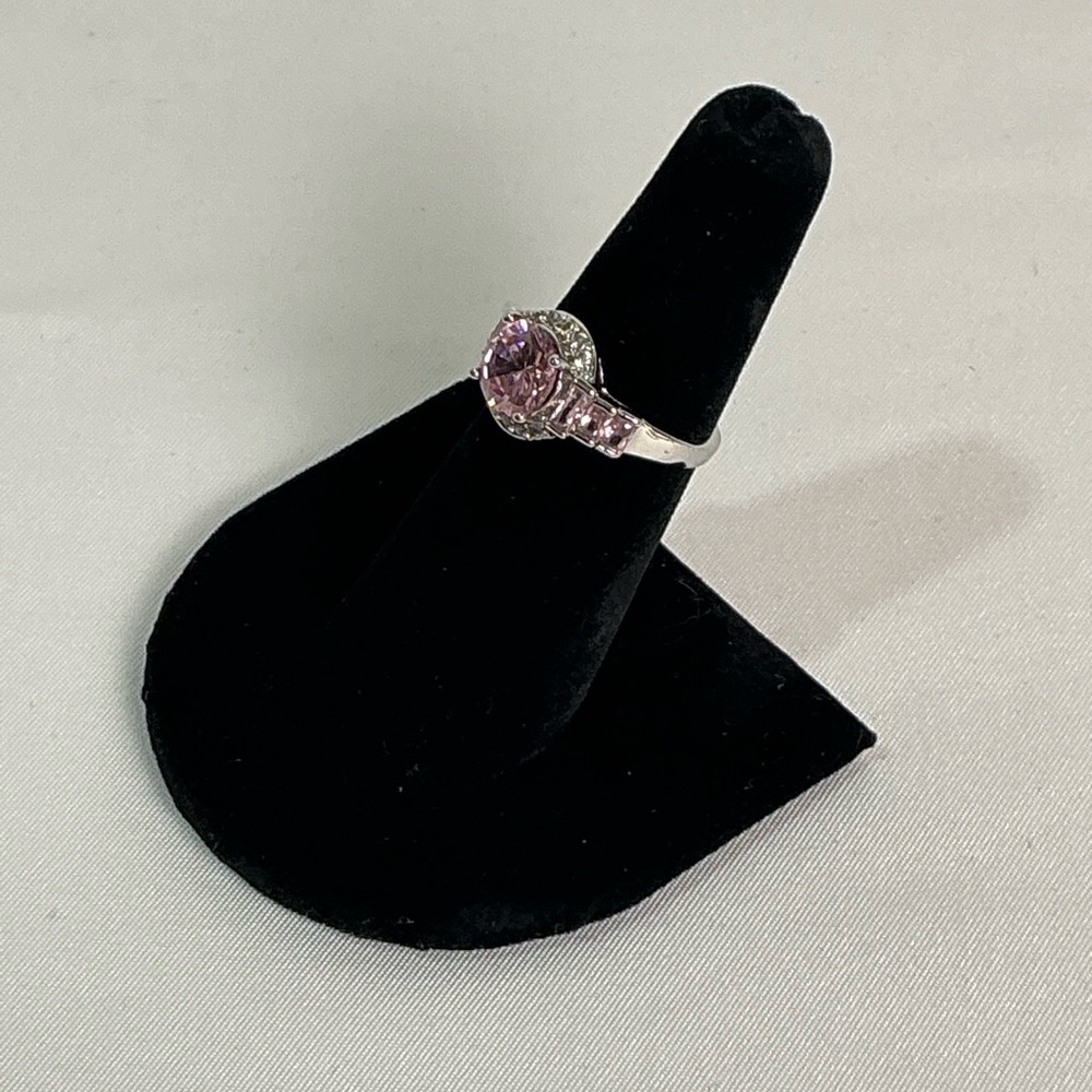 Estate Jewelry Pink Gemstone CZ with baguettes Silver Cocktail Ring Sz 6 Vintage - Picture 5 of 6